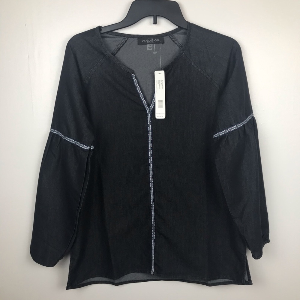 August Silk Blouse Black Ribbon Trim Women Size Medium‎ NWT Cotton blend